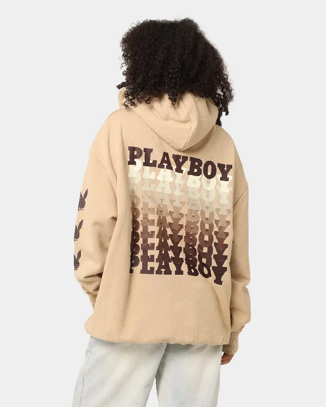 Playboy Stack Blend Hoodie Tan Hoodie with Hem Raw Edge Edgy Unfinished