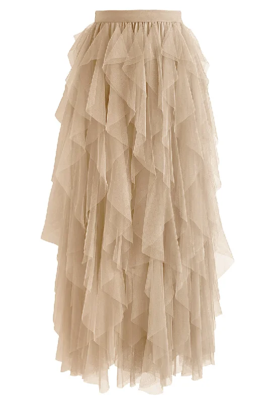 Ruffle Tulle Midi Skirt spandex blend skirt