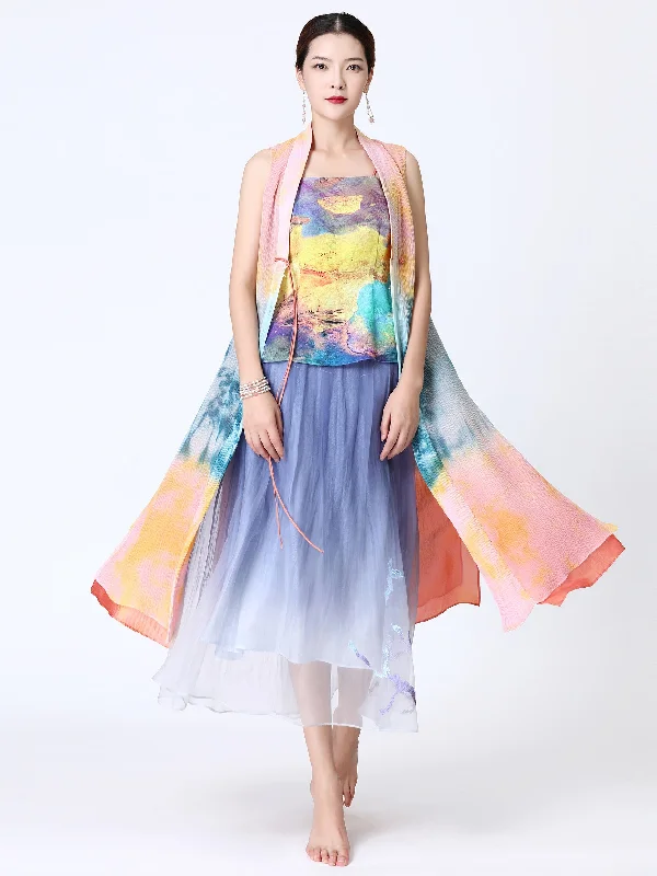 Silk embroidered dip-dye skirt silk skirt lustrous