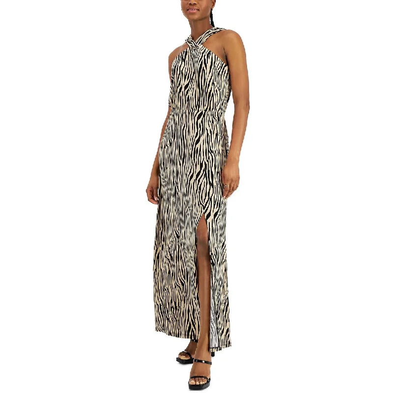 Womens Maxi Animal Print Halter Dress Tunics Bridal satin