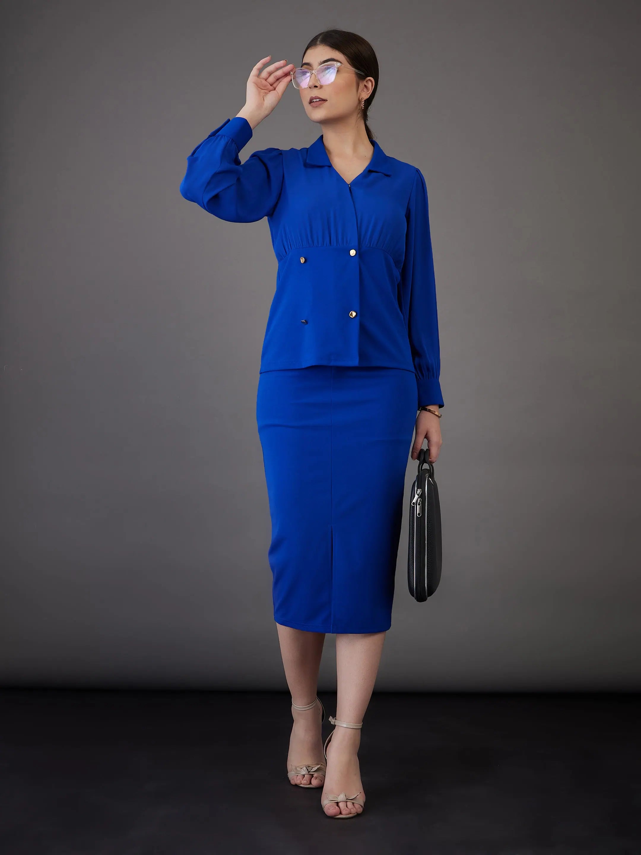 Women Royal Blue Peplum Collar Top With Midi Skirt denim skirt durable