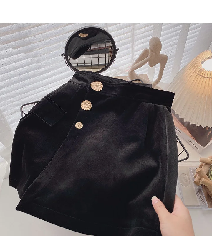 Irregular personality button high waist black A-line skirt 5562 velvet skirt sumptuous Irregular personality button high waist black A-line skirt 5562 velvet skirt sumptuous