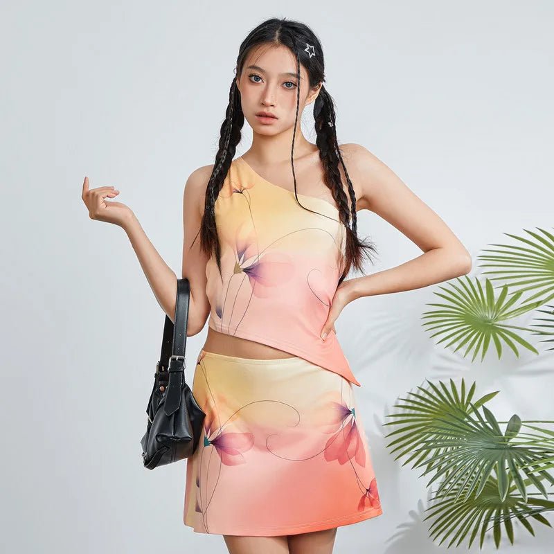 Floral Print Sleeveless One-Shoulder Top and Mini A-Line Skirt Set velvet skirt luxury