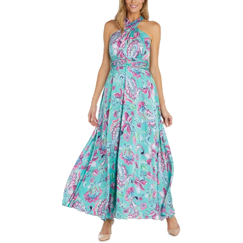 Womens Floral Print Long Halter Dress Tunics Mesh breathable