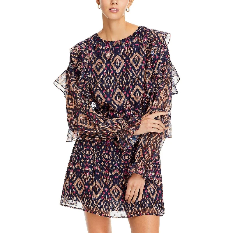 Womens Ruffled Printed Fit & Flare Dress Crew Neckline Sporty