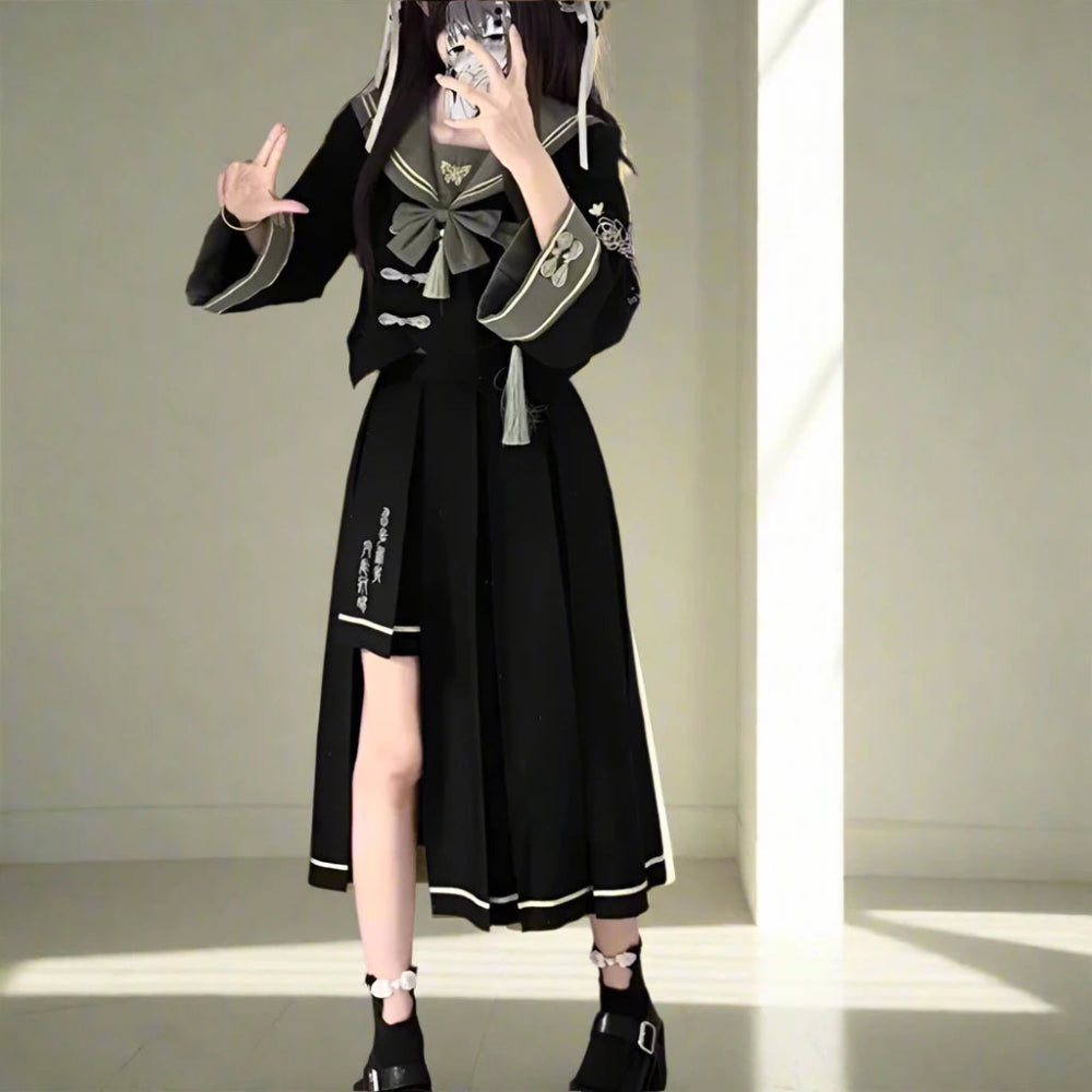 Y2K Gothic Uniform | Dark Academia Women's Pleated Skirt and Sailor Top patchwork skirt art