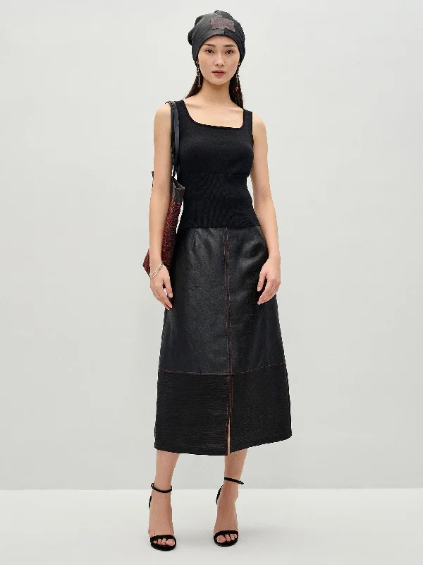 Gambiered Guangdong Silk Splice Skirt with Color Contrast Stitch Element modal blend skirt