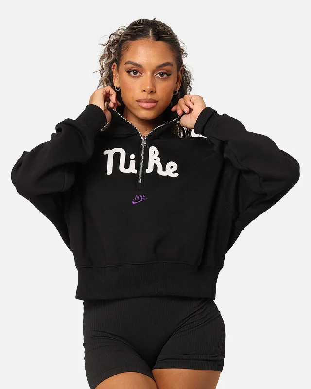 Nike Women's Sportswear Quarter-Zip Crop Fleece Sweatshirt Black/Sail/Field Purple Hoodie with Belted Waist Structured Tailored