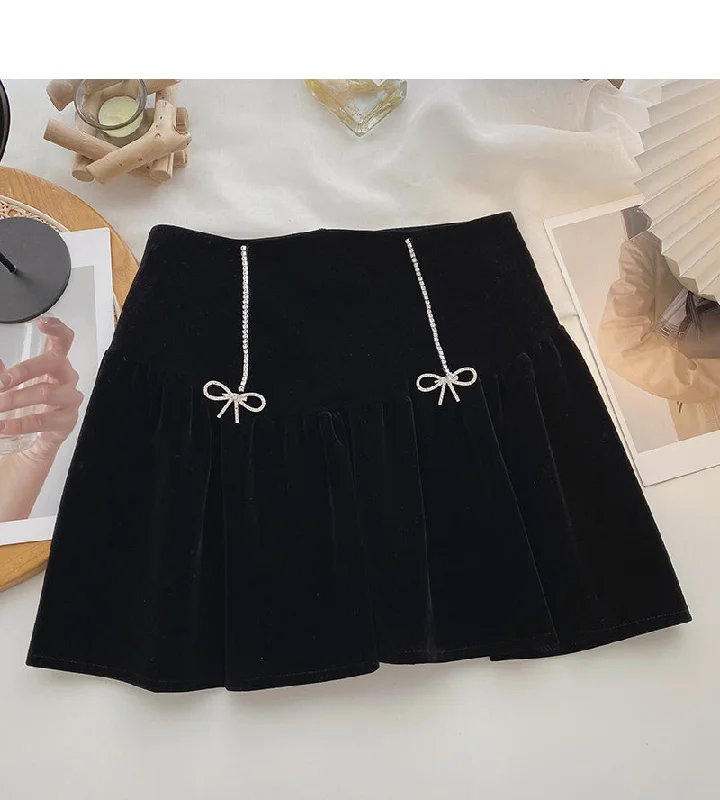 Golden velvet retro diamond studded bow high waist A-line umbrella skirt 5612 leather skirt sleek Golden velvet retro diamond studded bow high waist A-line umbrella skirt 5612 leather skirt sleek