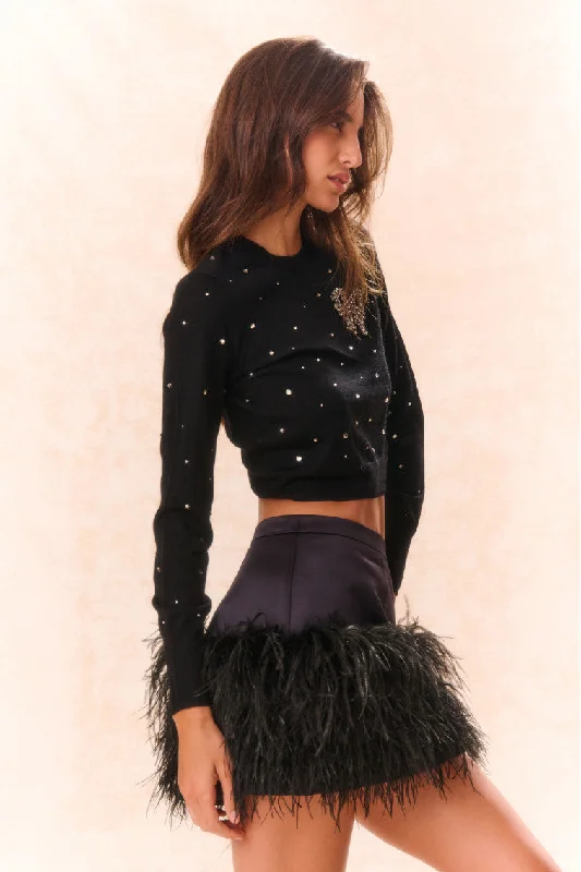 Viviette Feather Mini Skirt - BLACK silk skirt lustrous