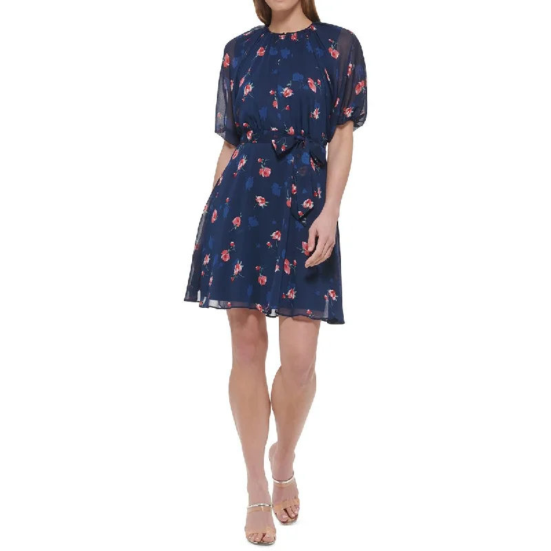 Womens Chiffon Floral Print Fit & Flare Dress Crew Neckline Casual