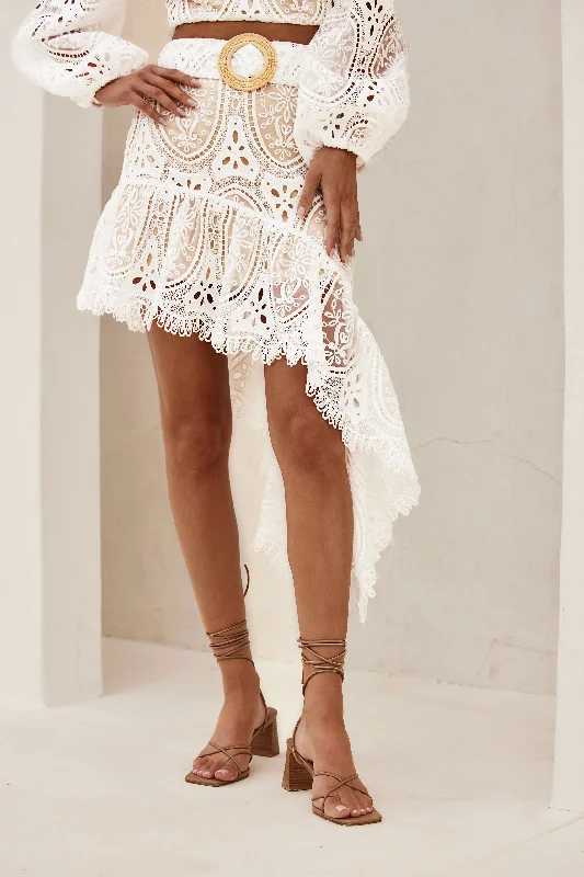 Cecilia Eyelet Ruffle Midi Skirt silk skirt sleek