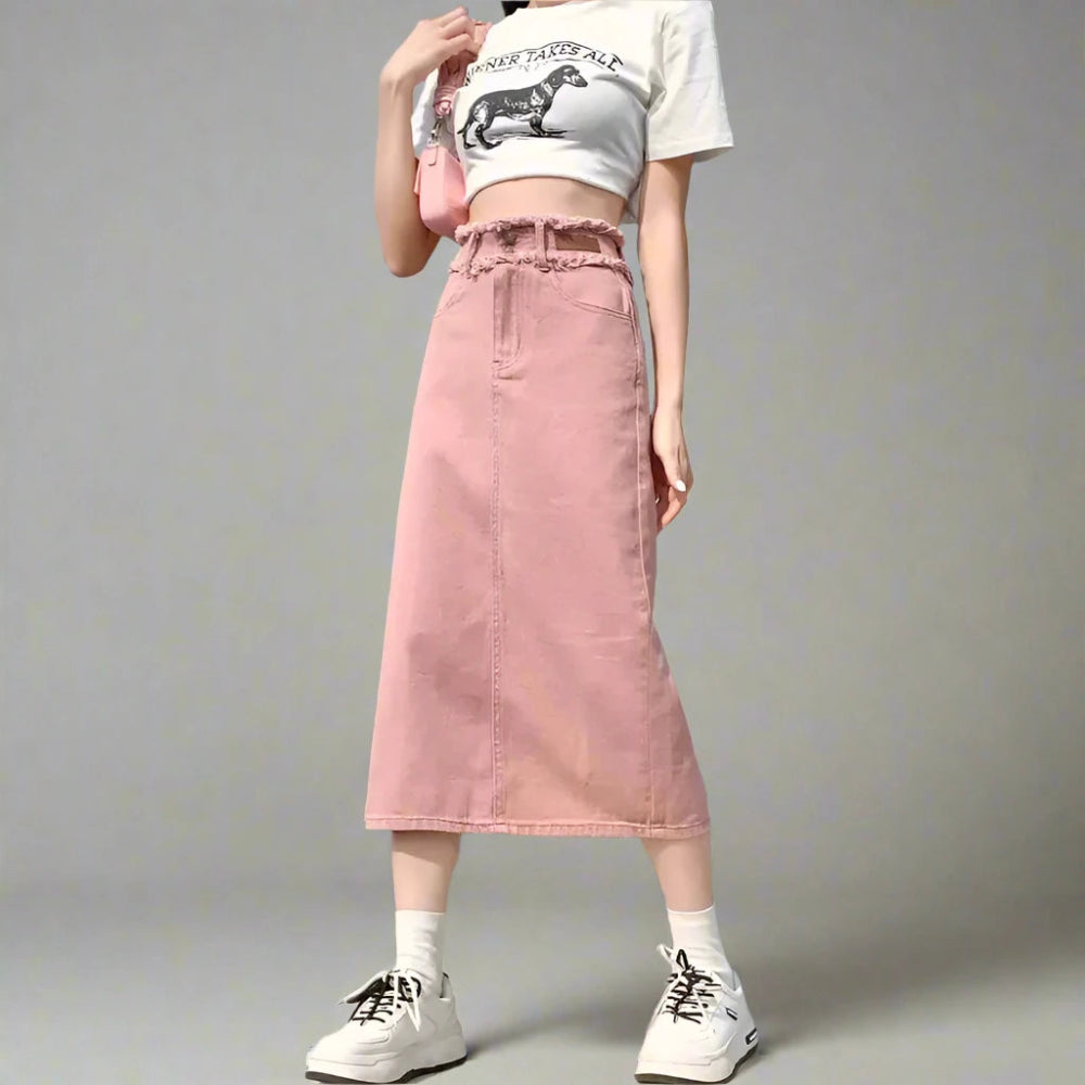 Y2K Denim Midi Skirt with Split Hem – Acubi Aesthetic leather skirt bold