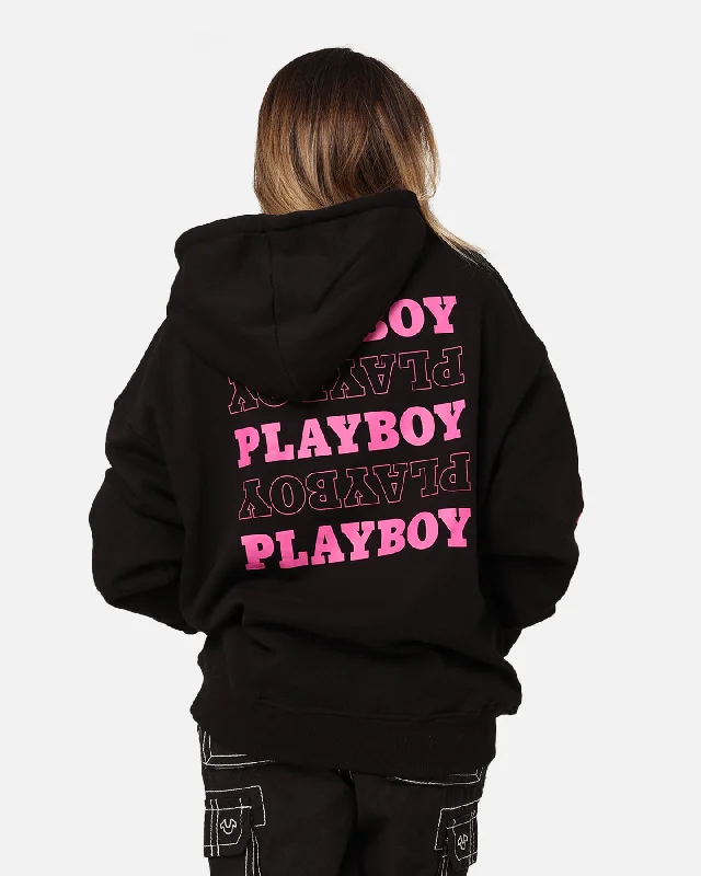 Playboy Side Bunny Stack Hoodie Black Hoodie with Drawcord Adjustable Secure