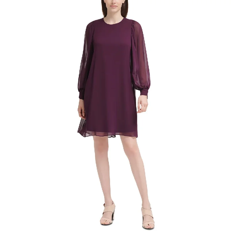 Womens Solid Chiffon Shift Dress Boat Neckline Classic