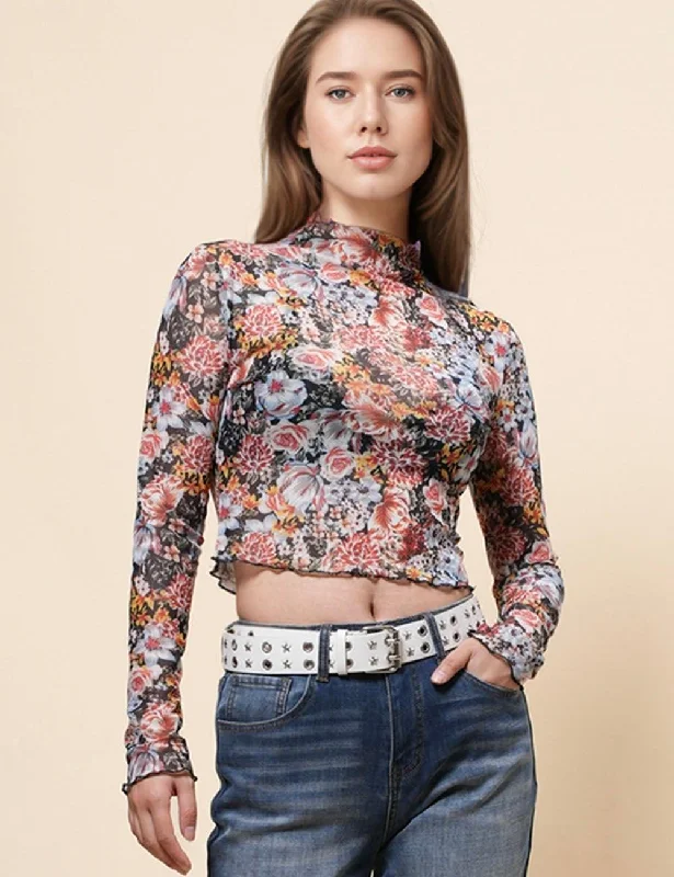 Ladies Floral Print Layring Top Mesh Crop Pullover Blouse 68072 V-Neck Stylish Pullover Ladies Floral Print Layring Top Mesh Crop Pullover Blouse 68072 V-Neck Stylish Pullover