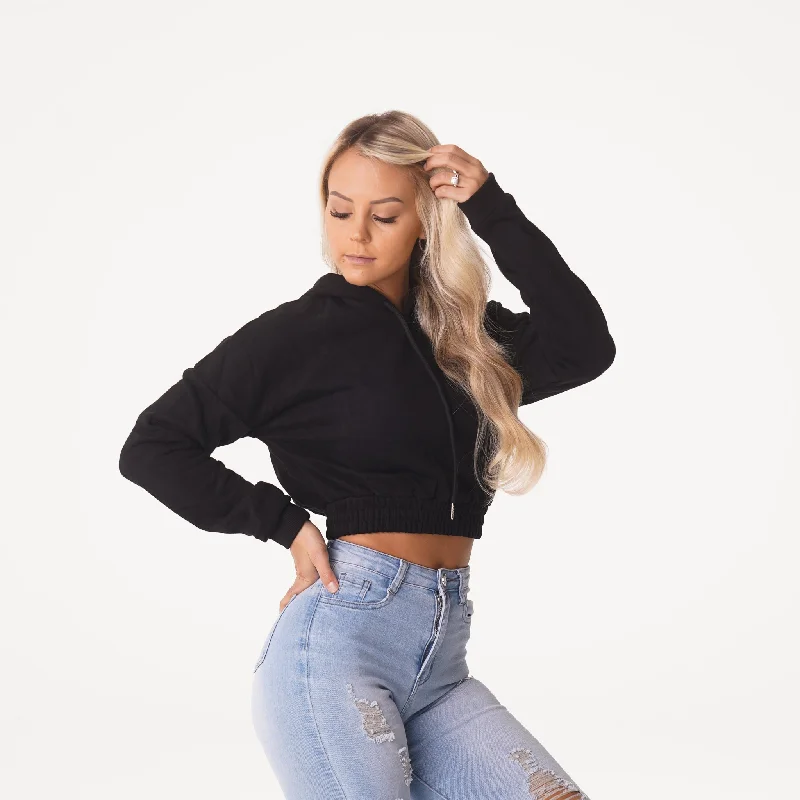 Black Cozy Vibes Drop Shoulder Cropped Hoodie Hoodie with Batwing Sleeves Loose Dramatic