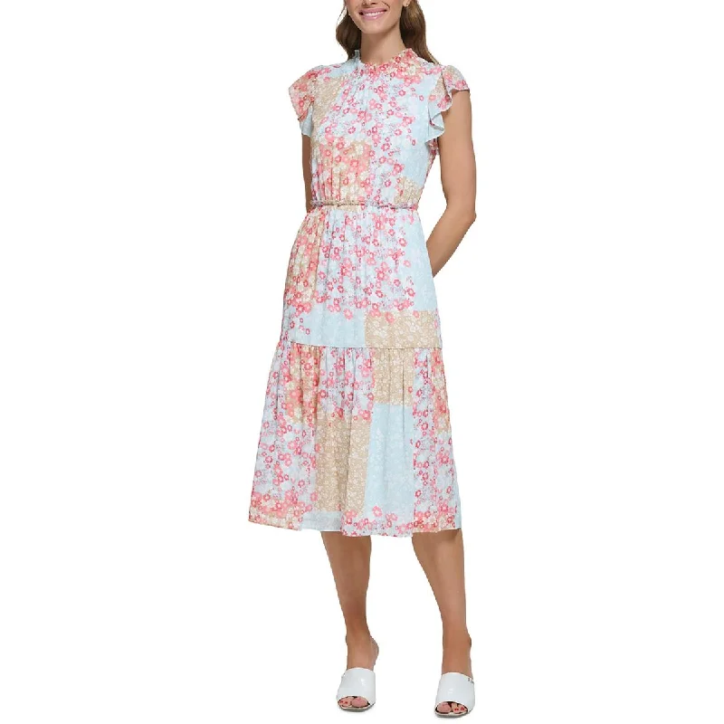 Womens Floral Print Polyester Fit & Flare Dress A-Line Day Work