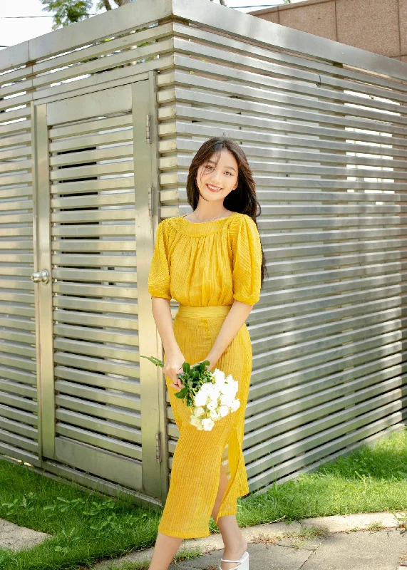 Jinni Yellow Oval Neck Top and Splitted Tunic Skirt - Gu Fashion | Vietnam Fashion Store wrap skirt elegant