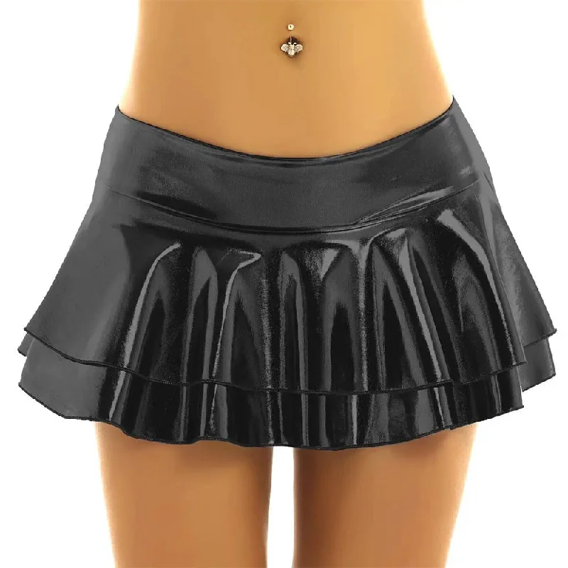 JSY Double Layered Ruffle Wet Look Micro Skirt zip skirt side