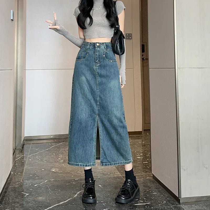 Cute Casual Denim Maxi Skirt – High Waist and Front Split Design high slit skirt