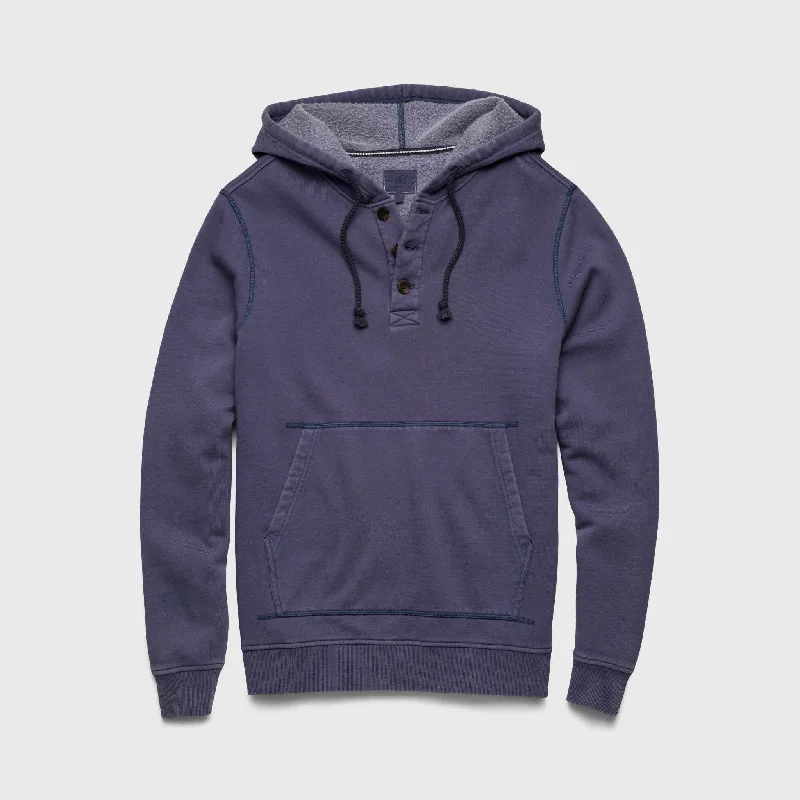 Johnny Vintage Wash Button Hoodie - Oceana Blue Hoodie with Drop Shoulder Relaxed Streetwear