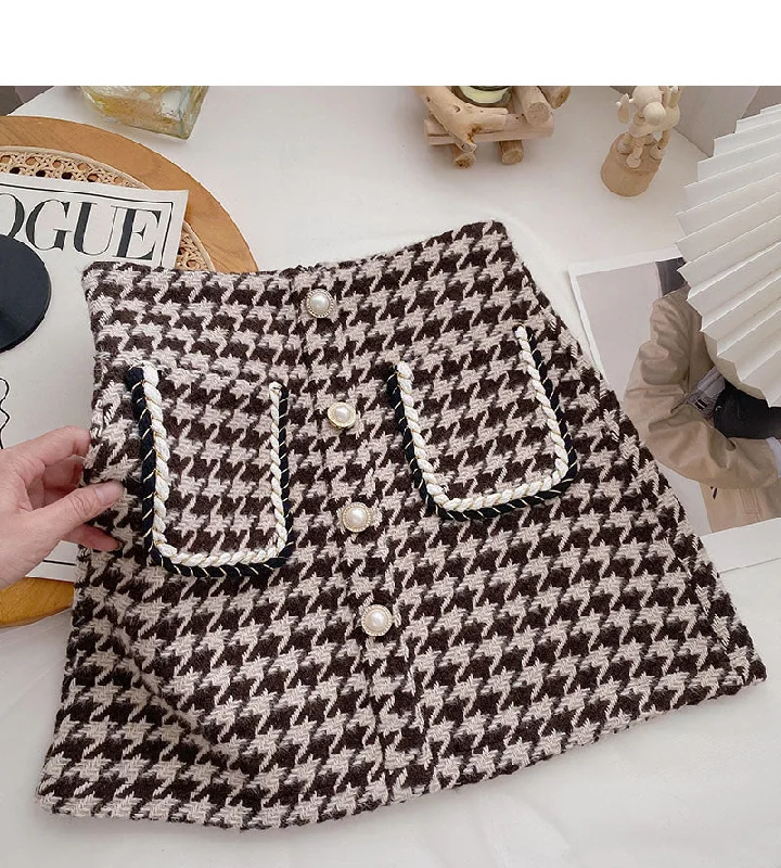 Pearl button small fragrance wind high waist thousand bird grid A-shaped skirt 5571 linen skirt breathable Pearl button small fragrance wind high waist thousand bird grid A-shaped skirt 5571 linen skirt breathable
