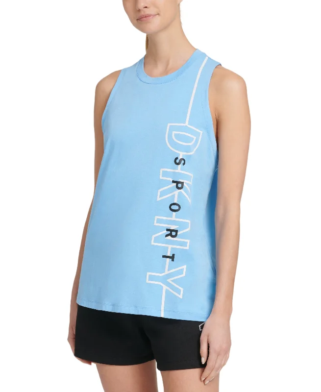 DKNY Women's Crewneck Sport Reflective-Logo Tank Top, Blue. XS fitted tank top