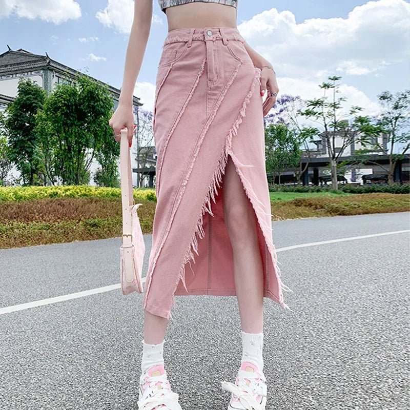 Hallyu Fashion Design A-line Denim Skirt satin skirt smooth