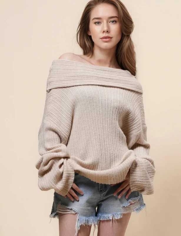 Ladies Solid Color Off Shoulder Rib Knit Pullover Top SKT4982 Surplice Neck Pullover Ladies Solid Color Off Shoulder Rib Knit Pullover Top SKT4982 Surplice Neck Pullover