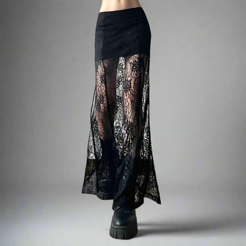 Gothic Style Lace Patchwork Long Maxi Skirt cashmere skirt plush