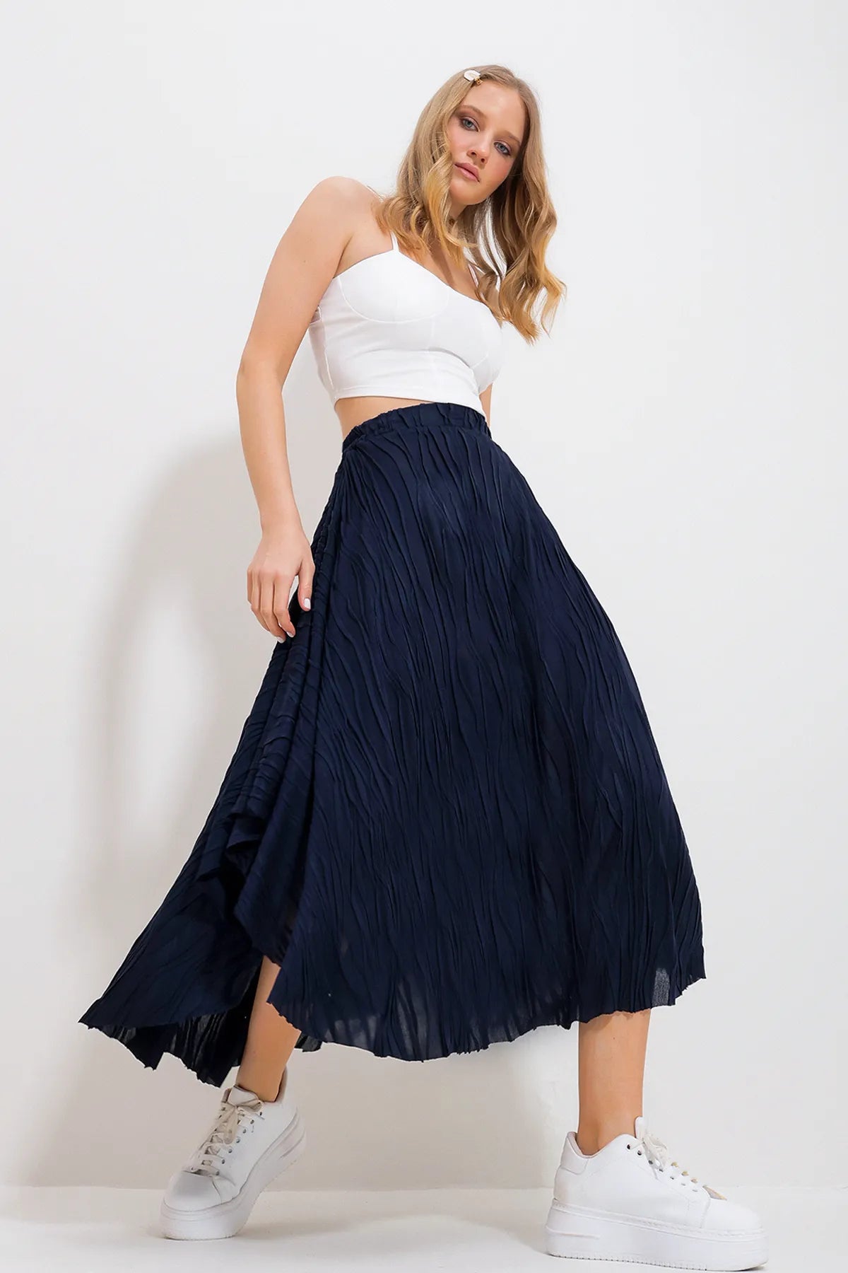 Trend Alacatı Style Women's Navy Blue Self-Textured Casual Skirt chiffon skirt lightweight