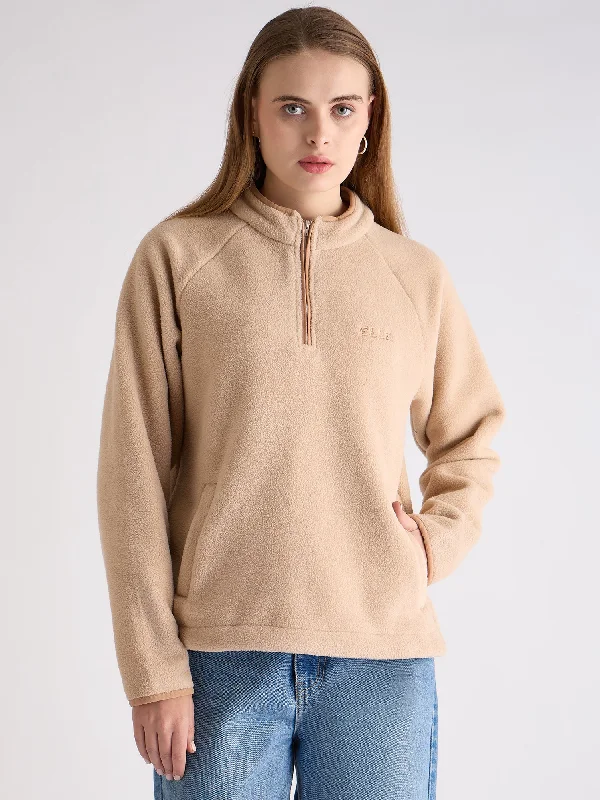 Elle Women Beige Self-Design Mock Neck Full Sleeves Sweatshirt Hoodie with Drawstring Waist Adjustable Fitted