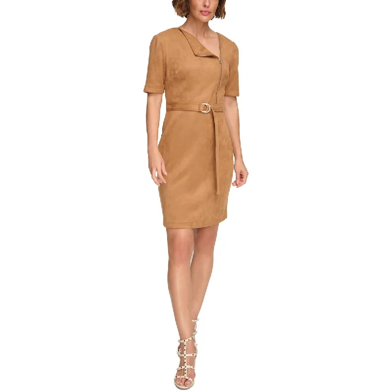 Womens Faux Suede Belted Shift Dress Tunics Luxurious high-end