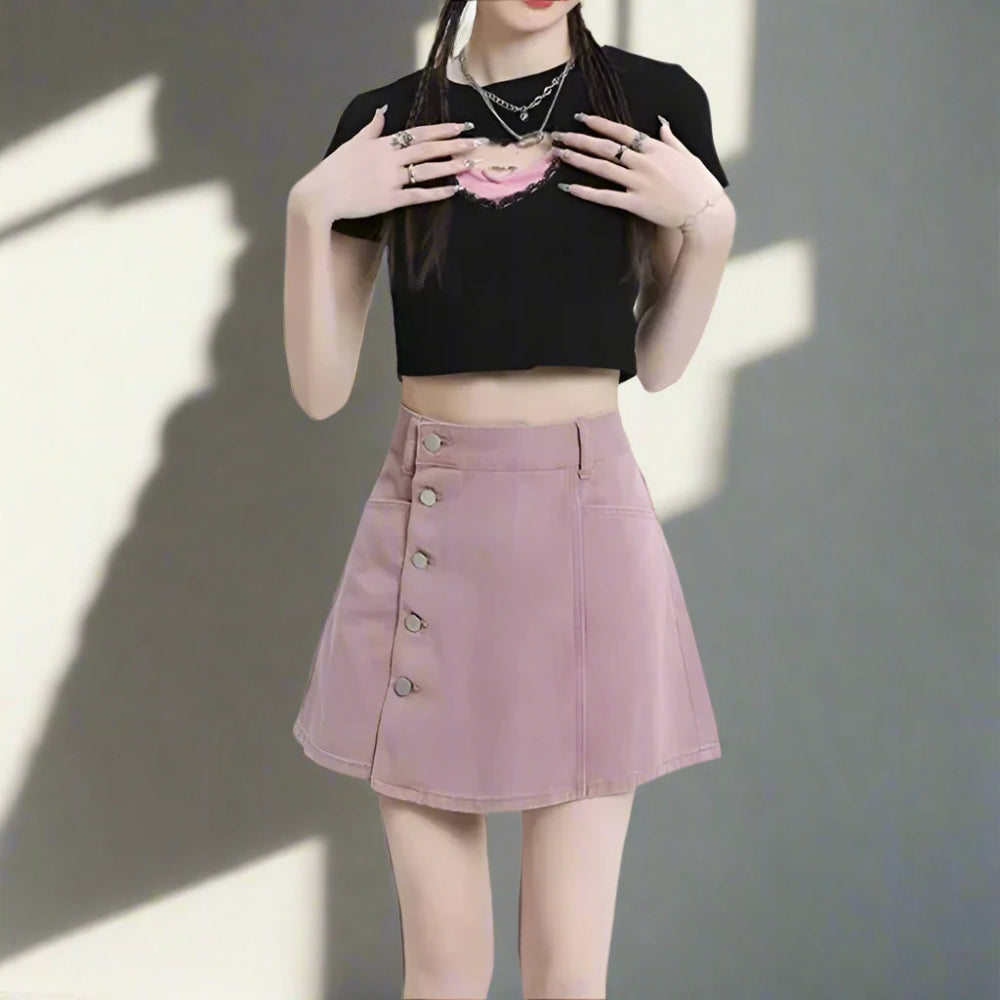 High Waist A-Line Mini Skirt – Cute Button Detail velvet skirt luxurious