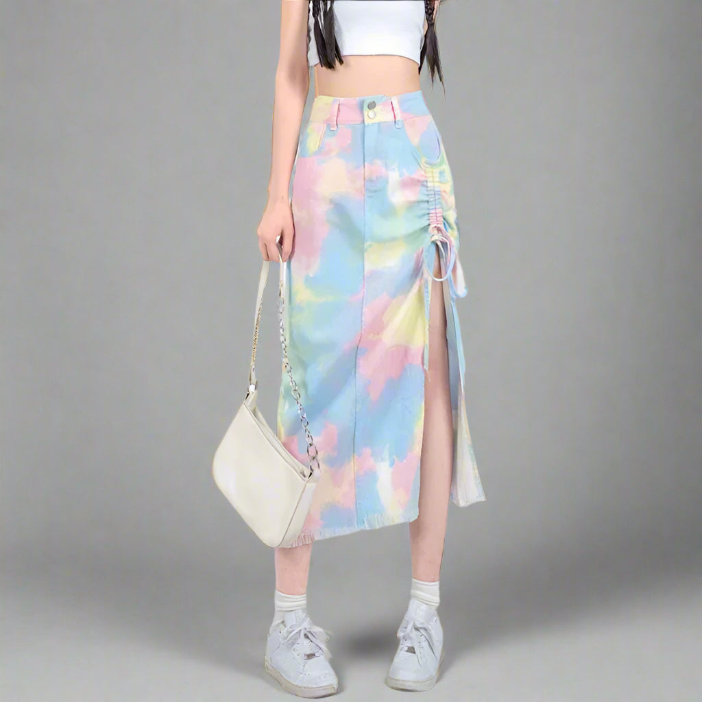 High Waist Multicolour Tie-Dye Skirt - Women's Streetwear A-Line Denim asymmetrical skirt cut