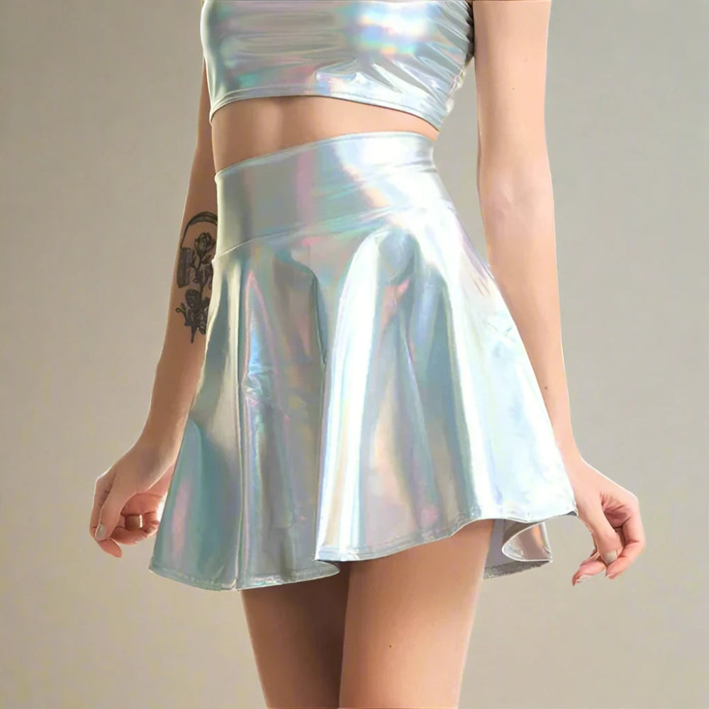 Women Raver Holographic PU Mini Skirt - High Waist A-Line Flare Skirt denim skirt casual