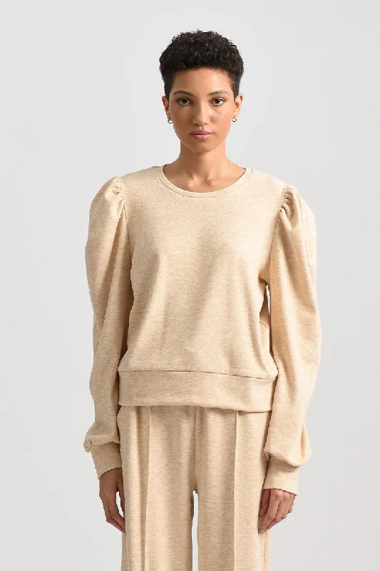 Balloon Sleeve Sweatshirt - Beige Hoodie with Zipper Versatile Modern