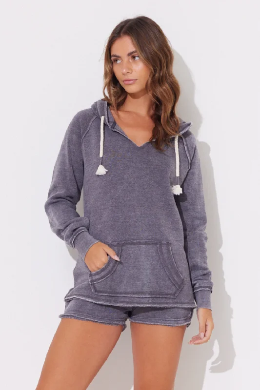 Steel Grey Burnout Pullover Hoodie With Wrap Cords Hoodie with Hem Elastic Stretchable Comfortable