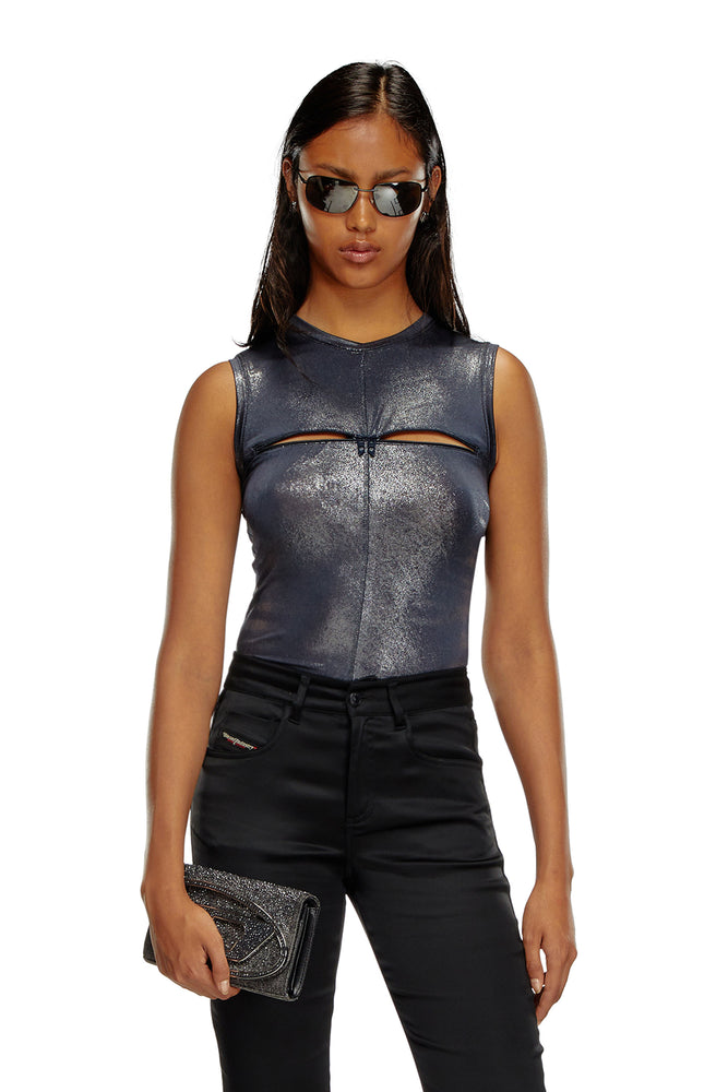 Metallic Tank Top With Chest Slit black tank top