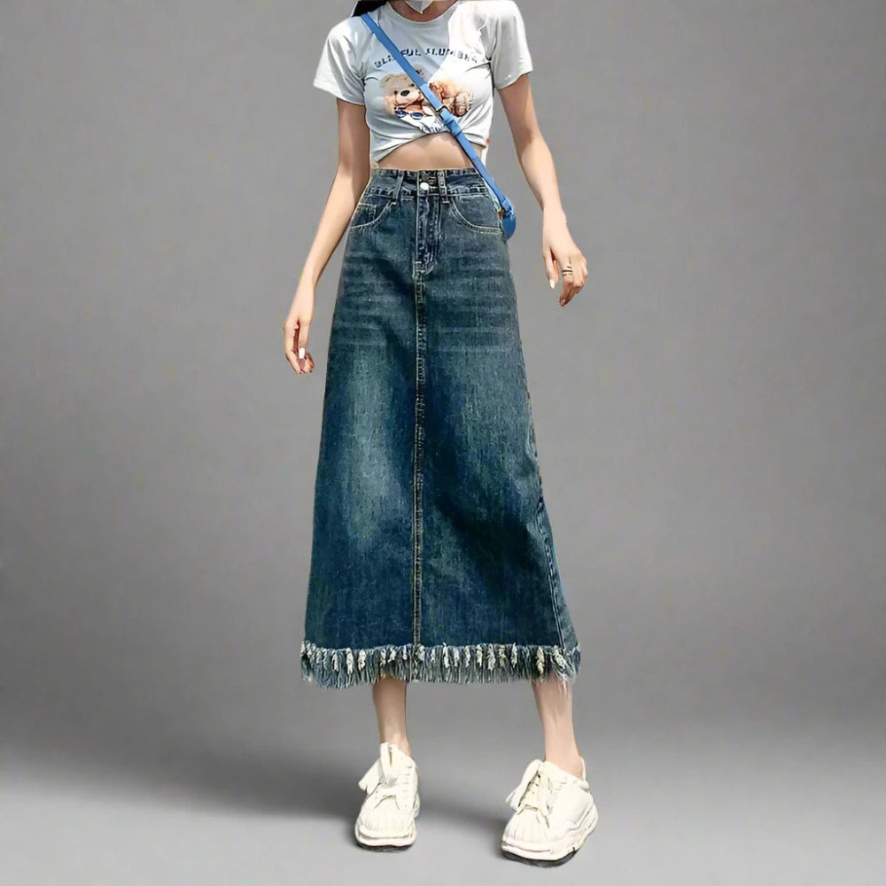 Vintage-Inspired High Waist Denim Long Skirt tiered skirt playful