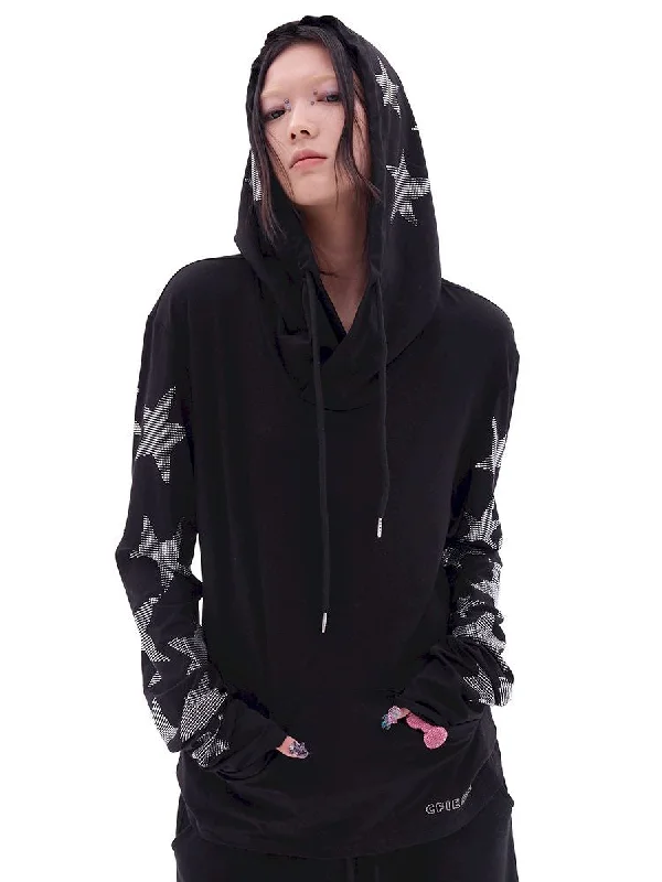 Long Sleeve Hoodie with Pentagram Rhinestones【s0000011245】 Hoodie with Frayed Bohemian Relaxed