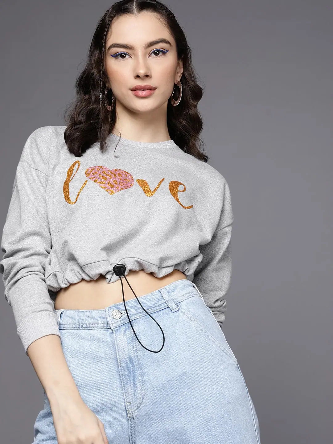 Women Grey Melange LOVE Pull Hem Crop Sweatshirt Hoodie with Pattern Geometric Abstract Women Grey Melange LOVE Pull Hem Crop Sweatshirt Hoodie with Pattern Geometric Abstract