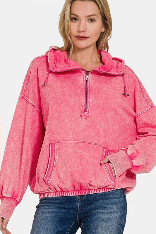 Zenana Drawstring Half Zip Dropped Shoulder Hoodie Hoodie with Button Placket Classic Preppy