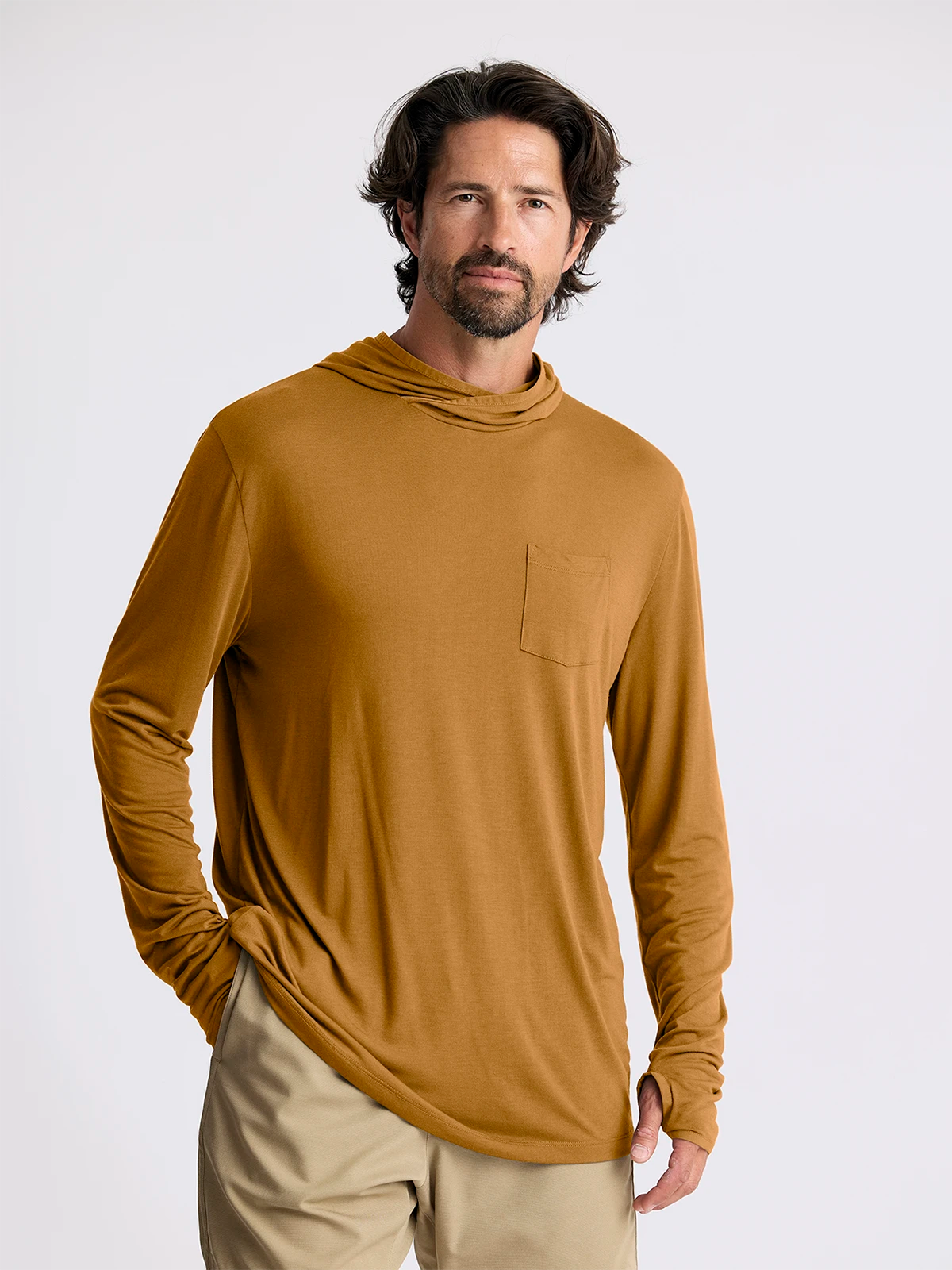 Men's Bamboo Lightweight Hoodie - Ochre Hoodie with Mock Neck Collared Structured