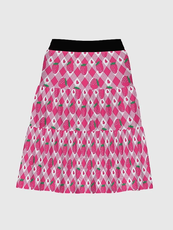 Pink Strawberry Three-Tiered Skirt spandex blend skirt