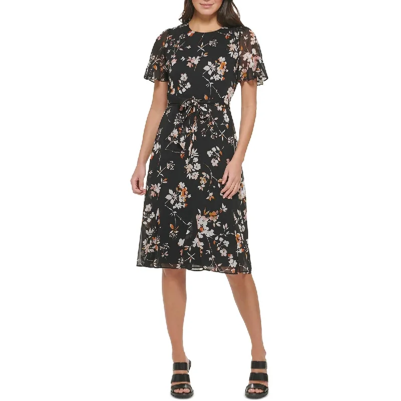 Womens Midi Floral Print Fit & Flare Dress Cowl Neckline Elegant