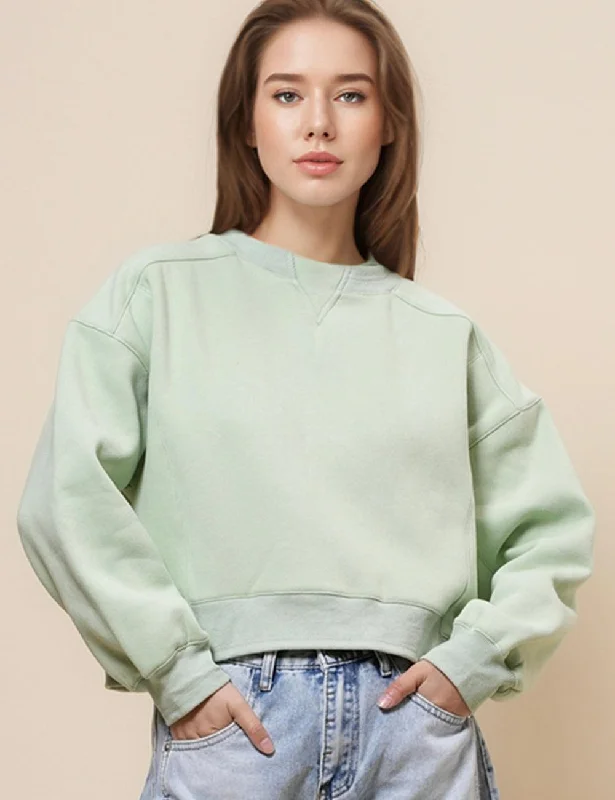 Ladies Solid Color Velvet Cropped Pullover Sweatshirt SKT523 Hoodie with Hem Frayed Vintage Worn