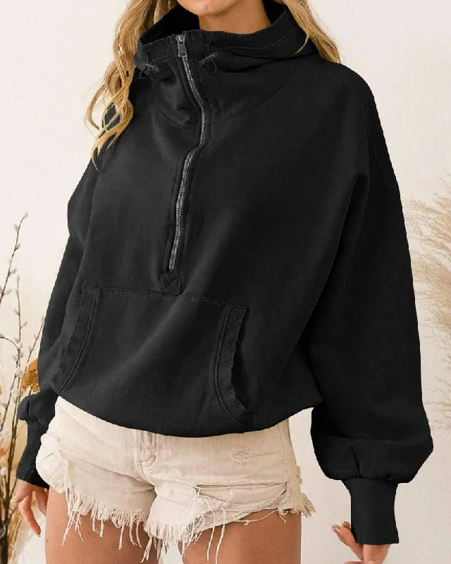 Ladies Long Sleeves Zip Collar Pocket Hoodie EWQD Hoodie with Velcro Closure Adjustable Secure