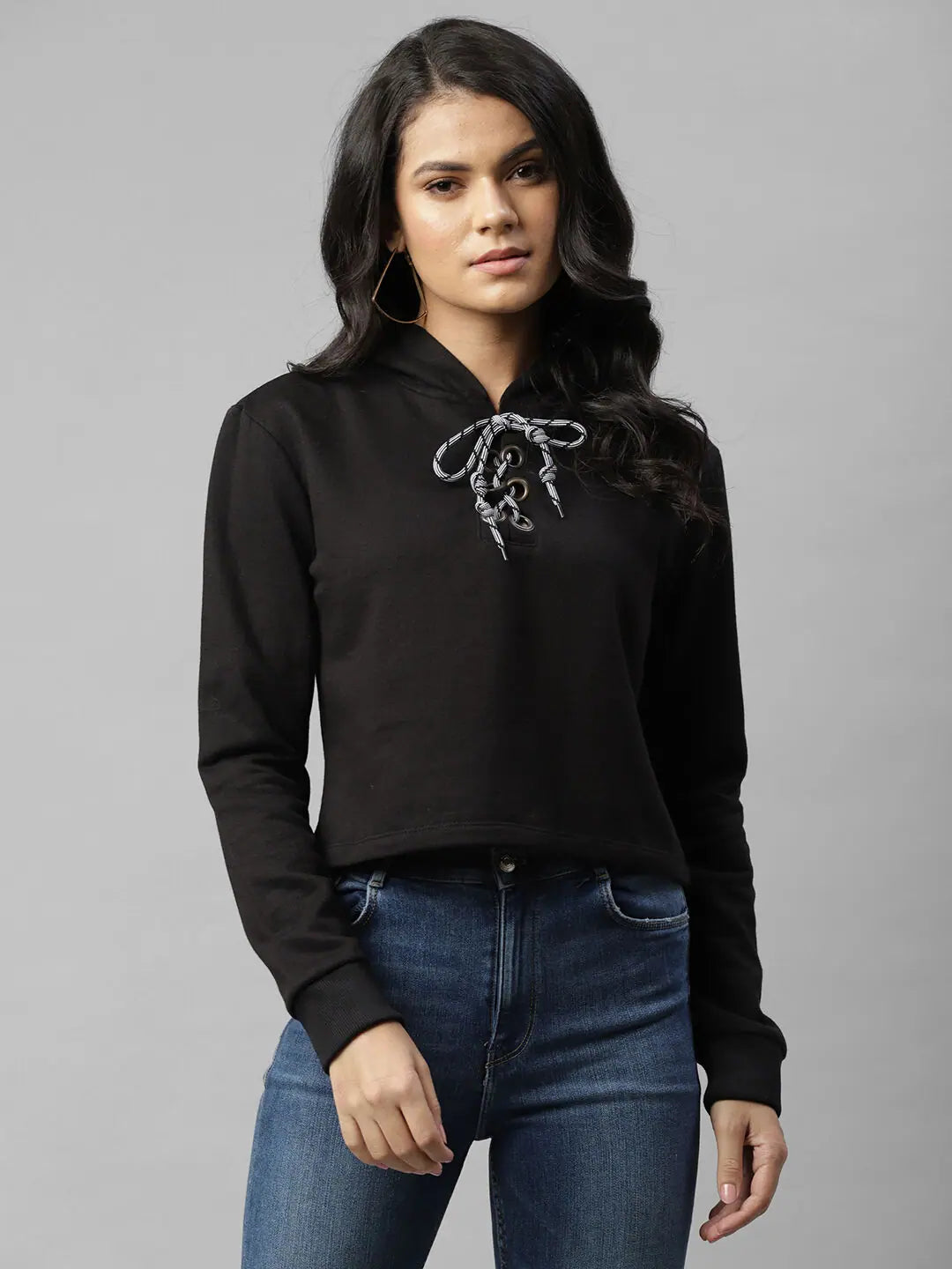 Rigo Women Black Tie-Up Hooded Full Sleeve Fleece Sweatshirt Hoodie with Relaxed Fit Easy Casual Rigo Women Black Tie-Up Hooded Full Sleeve Fleece Sweatshirt Hoodie with Relaxed Fit Easy Casual